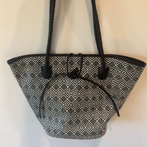 Vintage Neiman Marcus Black White Straw Tote Bag
